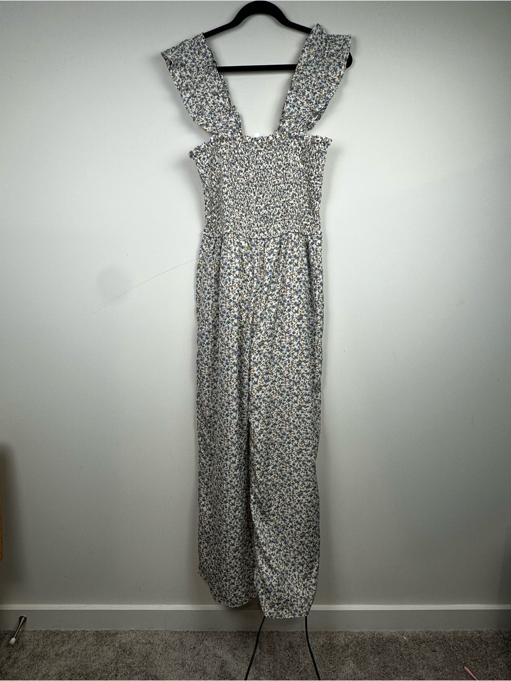 Floral Smocked Jumpsuit with Ruffled Straps - Blue & White